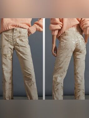 Anthropologie The Wanderer Utility Pants Cream Metallic Size 25 inseam 27”